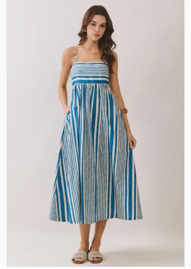 Blue Stripe Smocked Back Midi Dress