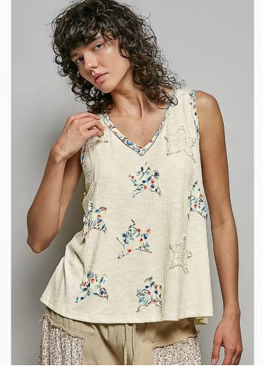 Boho Floral Star Patch Rib Sleeveless Top