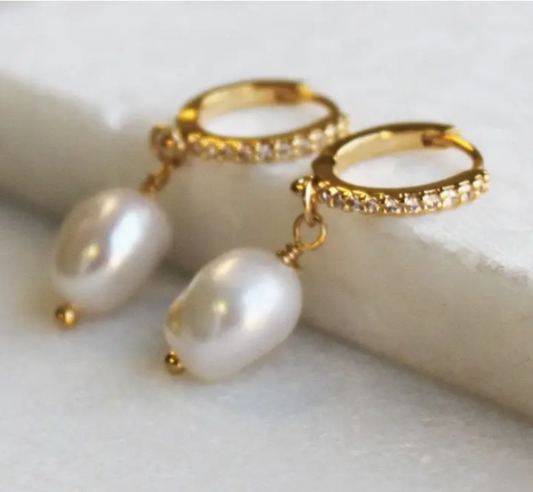 Isa Pearl &amp; Cz Gold Hoops