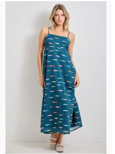 Fish Print Sleeveless Midi Dress