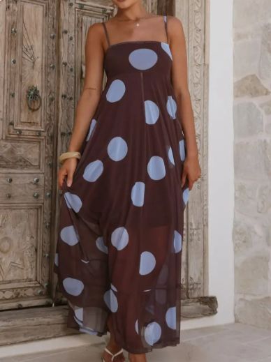 Brown Blue Polka Dot Maxi Dress