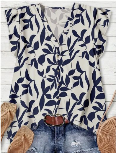 Flutter Sleeve Blouse Blue White Floral