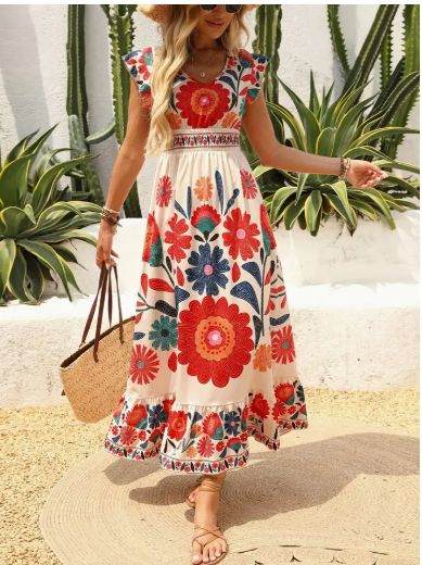 Bohemian V-Neck Ruffled Floral  Dress
