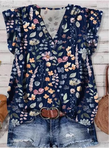 Flutter Sleeve Blouse Blue Watercolor Floral