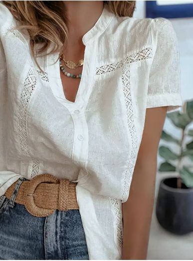 French Western Ecru Short Sleeve Lace Spliced Shirt