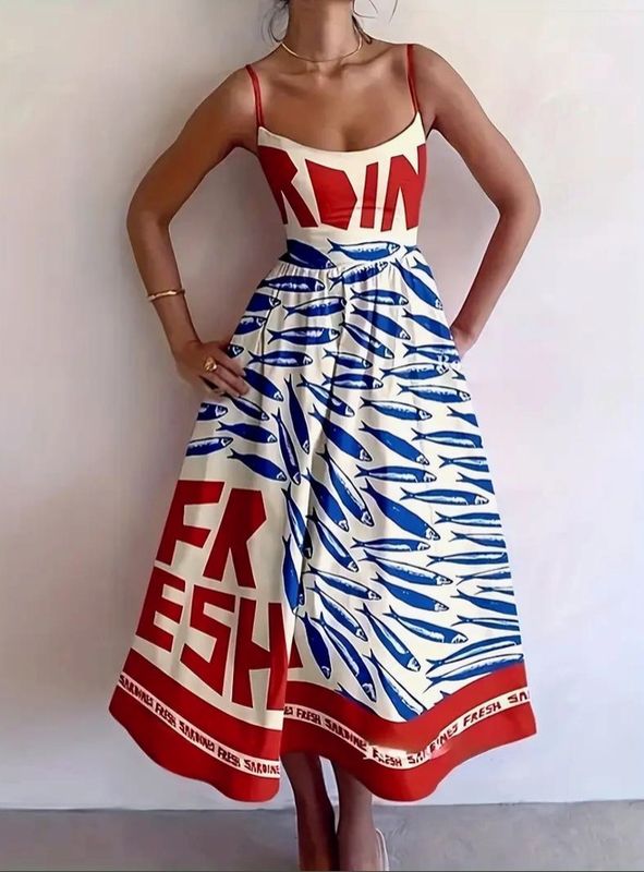 Smocked Sardine Ocean Print Strap Dress