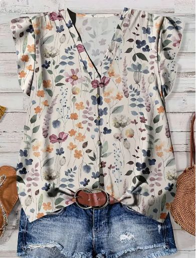 Flutter Sleeve Blouse White Watercolor Floral