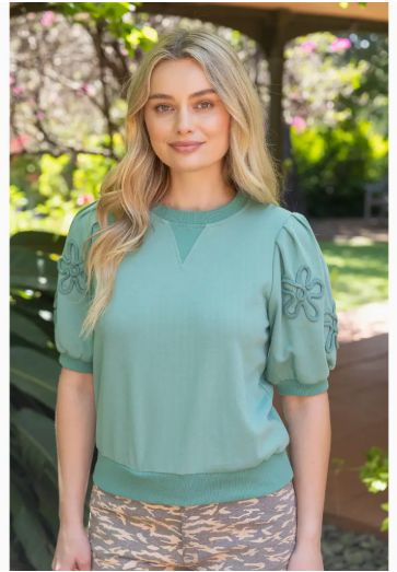 Floral Embroidered Sleeve French Terry Top  Green