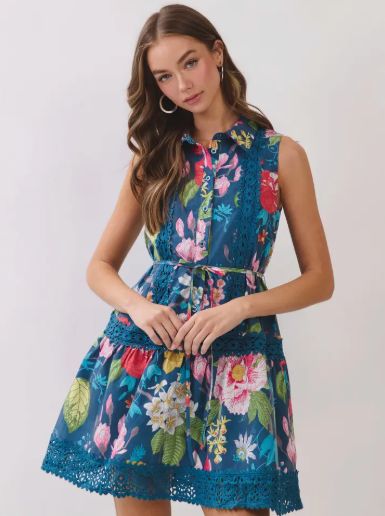 Floral Botanical Print Crochet Trim Dress