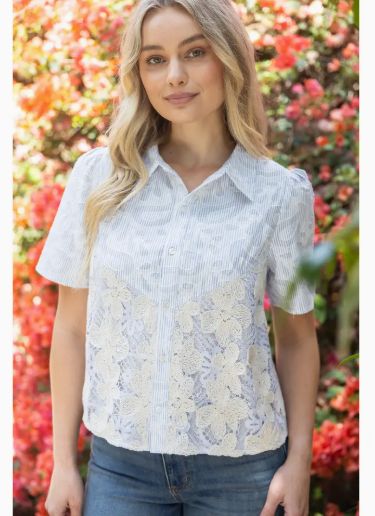 Button Down Stripe Paisley Floral Embroidered Top