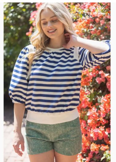 Half Puff Sleeve Contrast Band Striped Knit Top Navy