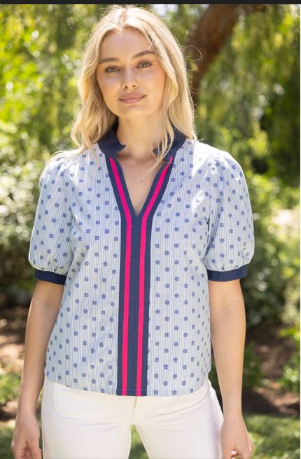 Stripe Placket Embroidered Detail Stripe Top