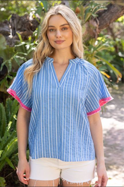 Fringe Detail V-Neck Stripe Top