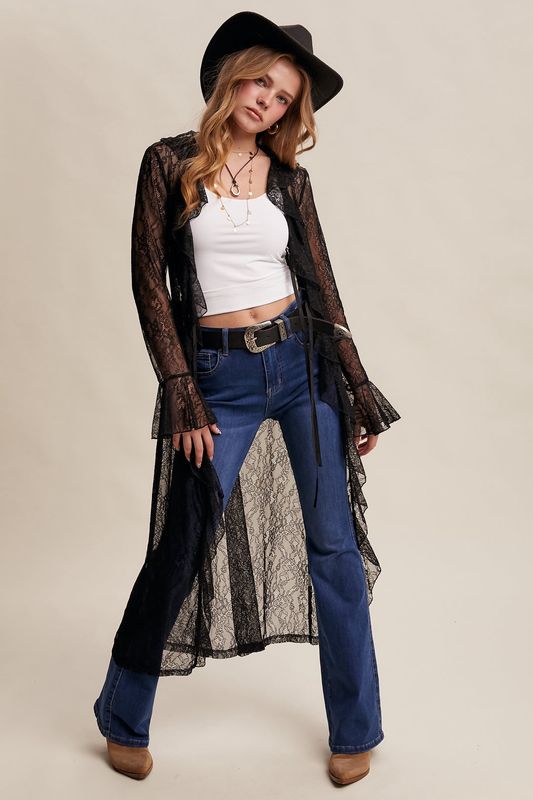 Ruffled Drapy Lace Front Tie Duster