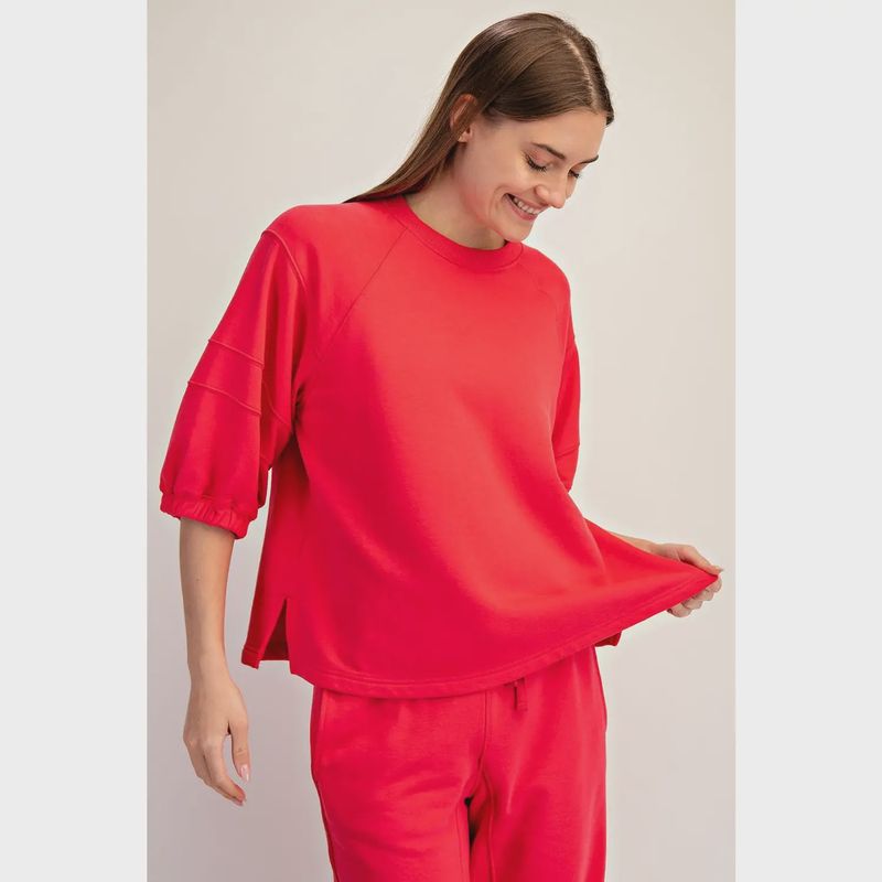 Bubbled Sleeve Oversized Crew Neck Top