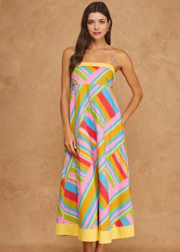 Vibrant Geometric Stripe Contrast Midi Dress