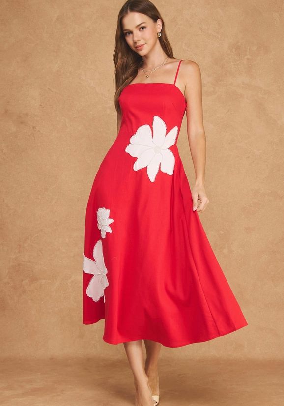 Floral Pearl Applique Cutout Back Midi Dress