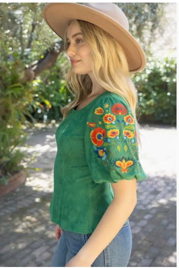 Deep Round Neck Floral Embroidered Top