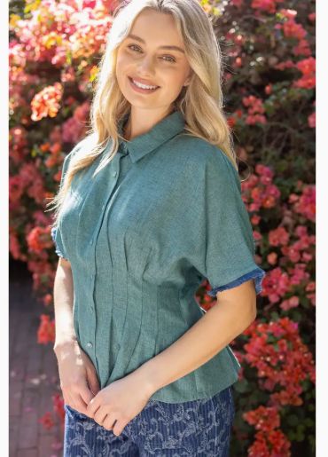 Pleated Waist Dolman Sleeve Button Down Top