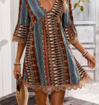 Bohemian Chic V-Neck Striped Print Lace Trim Dress (Brown)