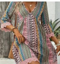 Bohemian Chic V Neck Striped Print Lace Trim Dress (Pink)