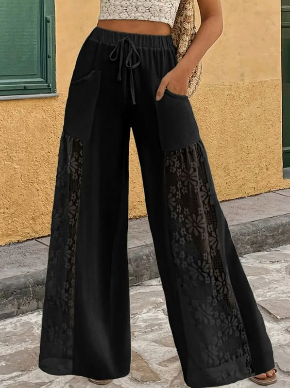 Lace Panel Boho High Waist Flowy Palazo Pants (Black)