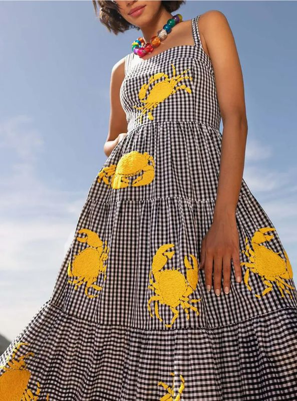 Plaid Crab Print Maxi Dress (Black)