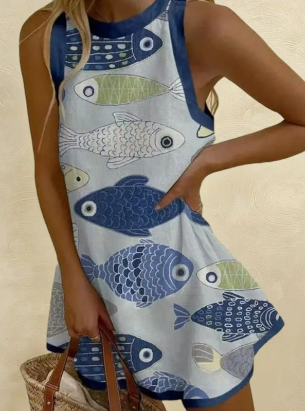 Fish Print Sleeveless Casual Dress
