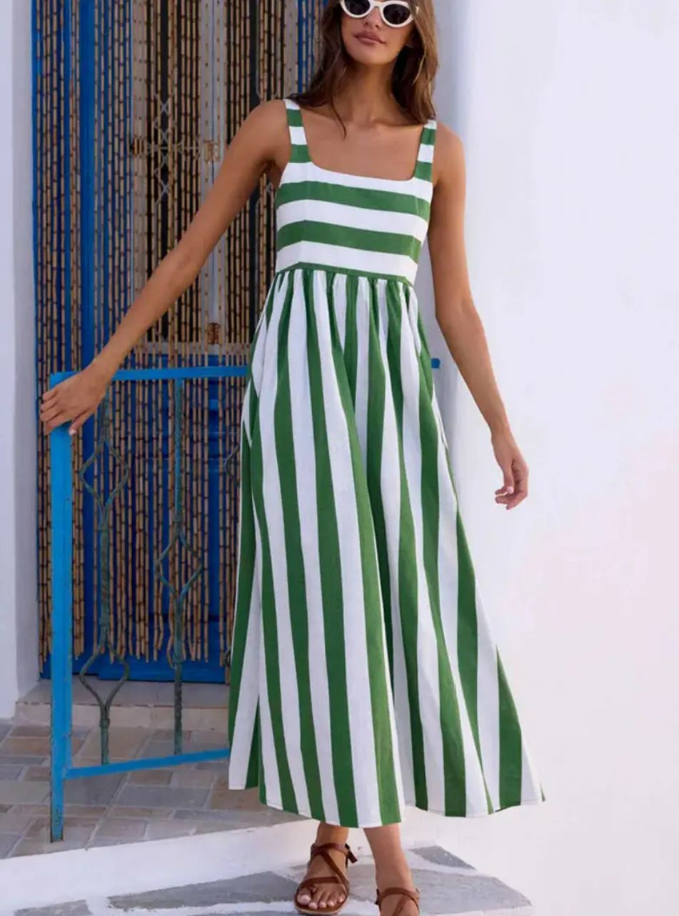 Square Neck Striped Dress (Green)