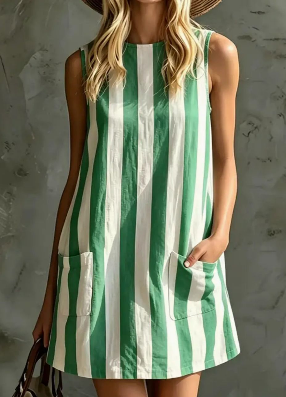 Striped Casual Shift Dress (Green)