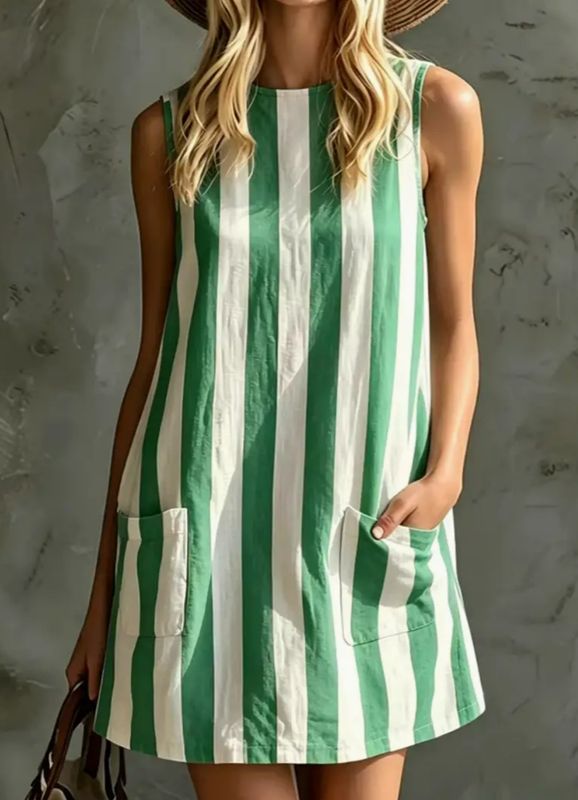 Striped Casual Shift Dress (Green)