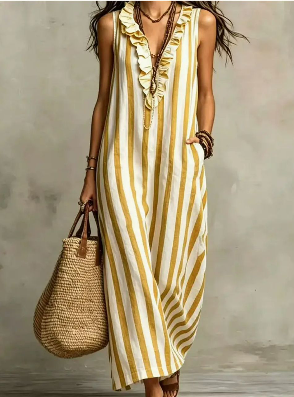 Stripe Ruffle V-Neck Pocket Dress