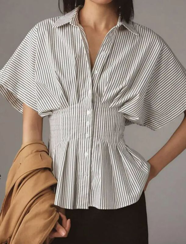 Striped Pleated Button-Up Blouse (Black)