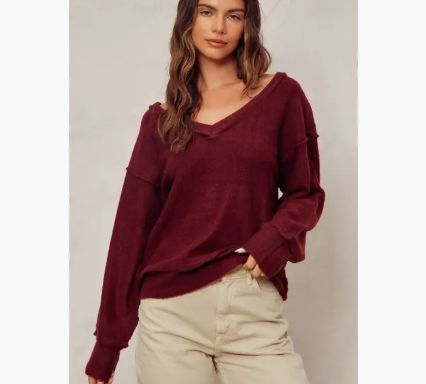 Slouchy V-Neck Pullover Sweater Sangria