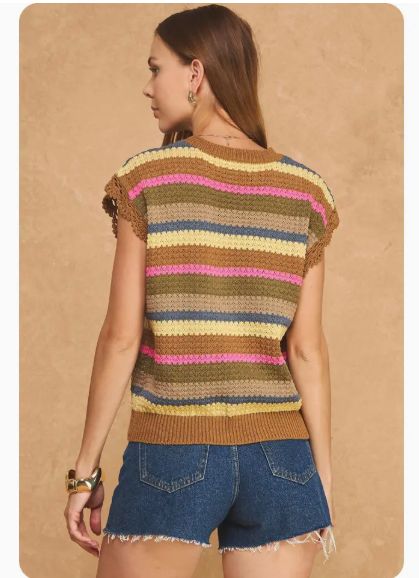 Striped Sleeveless Knit Sweater with Pompom Trim