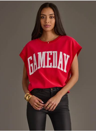 Red &amp; White Game Day Short Sleeve Sweatshirt