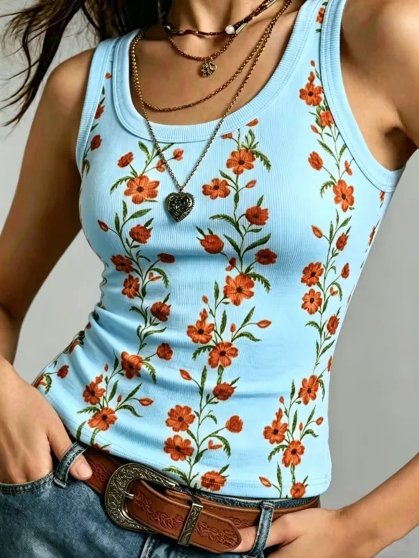 Boho Retro Floral Print Ribbed Knit Slim-Fit Tank Top (Sky Blue)