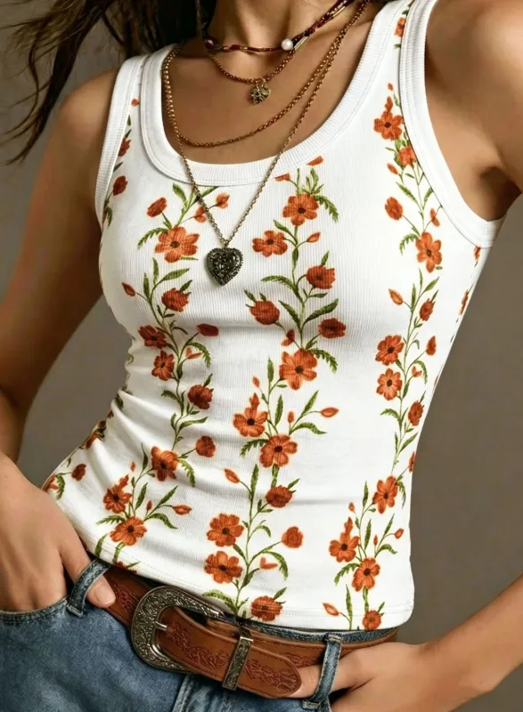 Boho Retro Floral Print Ribbed Knit Slim-Fit Tank Top (White)