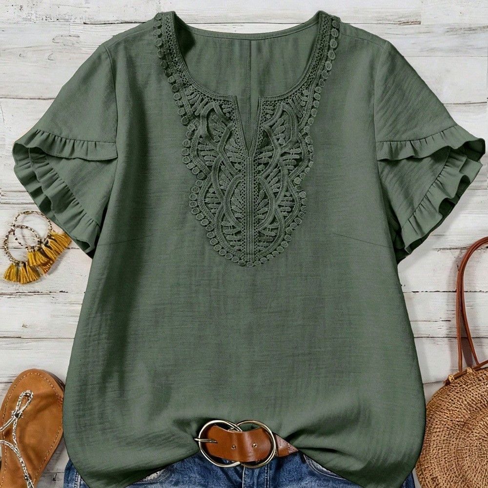 Lace V-Neck Short-Sleeve Top with Ruffled Edges