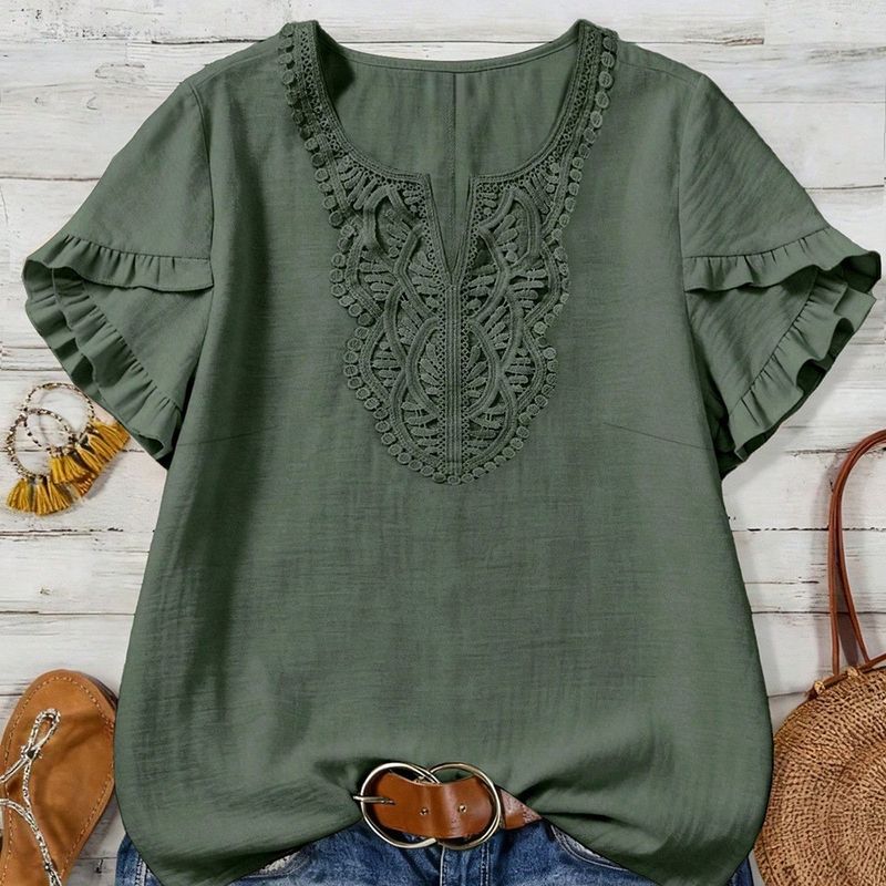 Lace V-Neck Short-Sleeve Top with Ruffled Edges