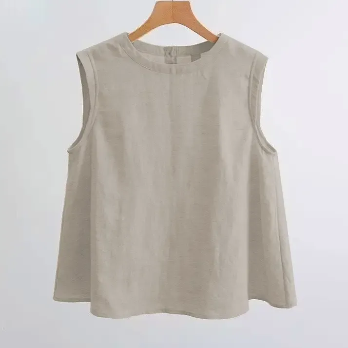 Airy Effect Cotton Linen Blend Tank Top (Beige)