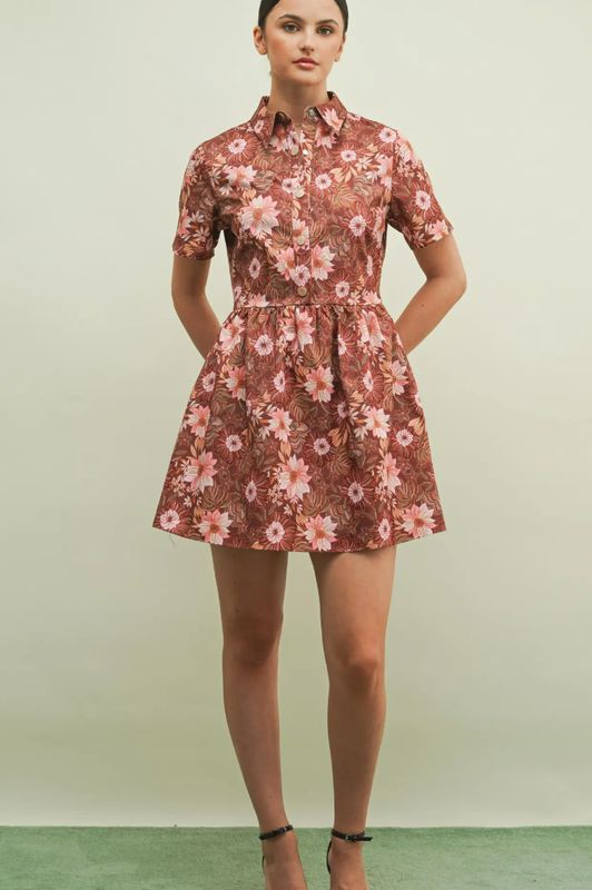 Retro Floral Short Sleeve Shirt Mini Dress