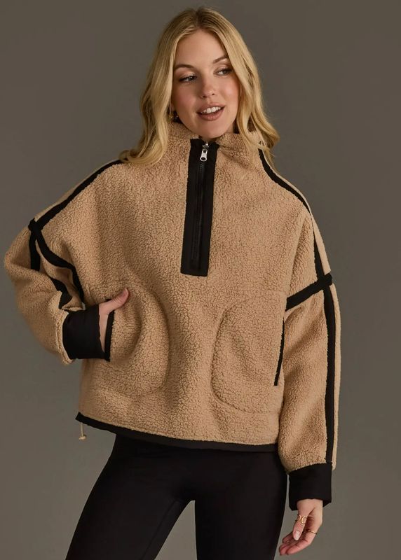 Tan &amp; Black Half Zip Sherpa Fleece