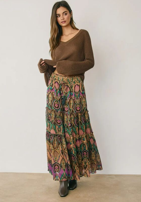 Boho Print Tiered Maxi Skirt (Orchid Jewel)