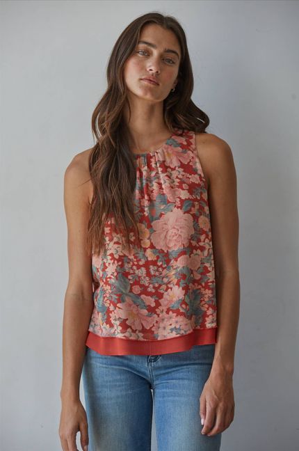 Chiffon Floral Print Sleeveless Top (Rust Blush)
