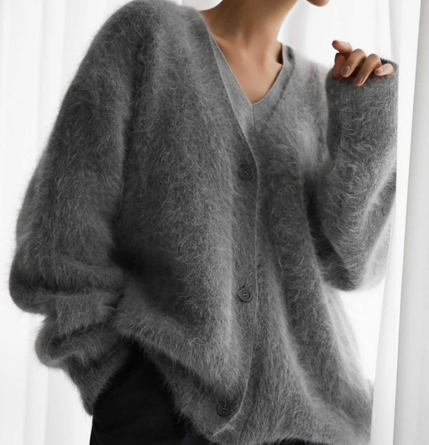 Demure Fluffy Button Down V-Neck Cozy Cardigan (Grey)