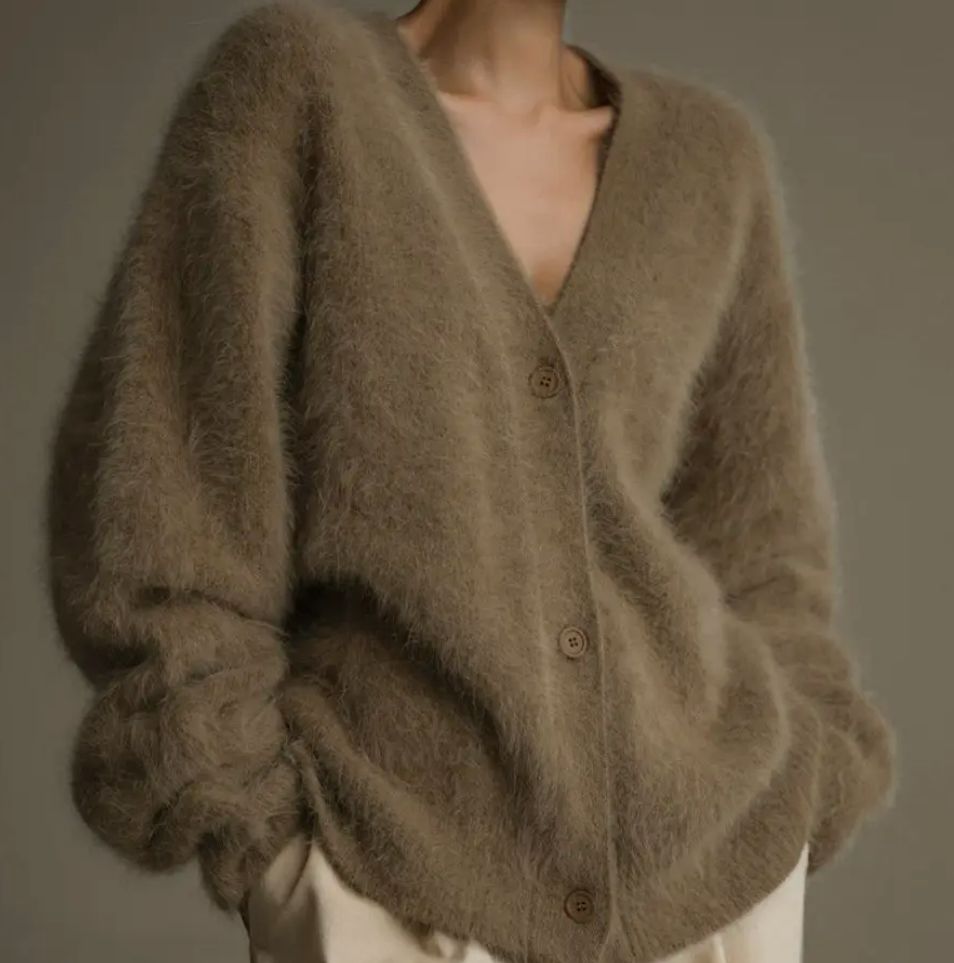 Demure Fluffy Button-down V-neck Cozy Cardigan (Khacki)