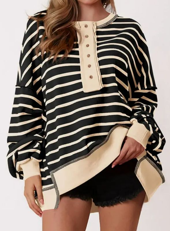 Color Block Striped Henley Long Sleeve (Black)
