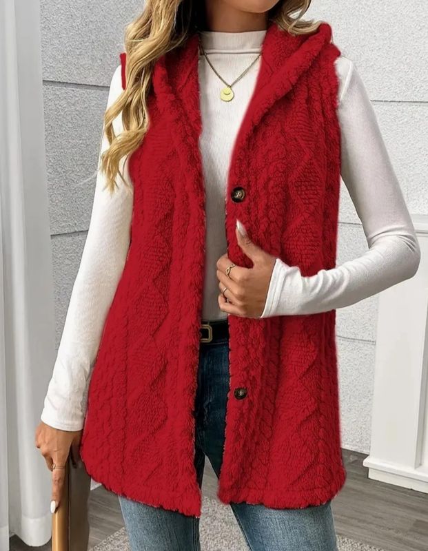 Plush Hooded Button Vest (Red)