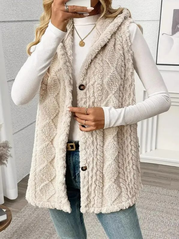 Plush Hooded Button Vest (Apricot)